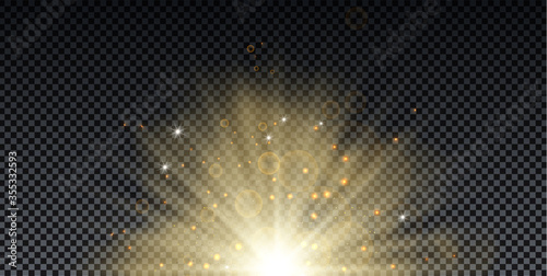 Golden burst with sparkle rays and lens flare effect. Glowing stars. Golden glitter bokeh lights and burst of magical dust particles. Vector illustration. photo