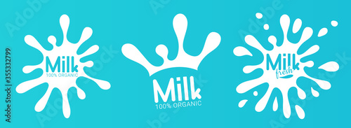 Milk circle badge and dairy labels with splashes and bolts. Milk badge with drop and splash for labels of package.