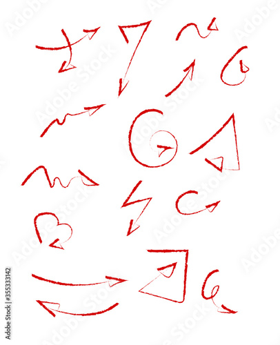 Set of red decorative hand-drawn grunge arrows. Isolated vector on white background