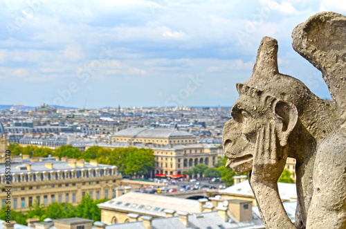 Gargoyle of Notre Dame de Paris Cathedral and Paris cityscape, France