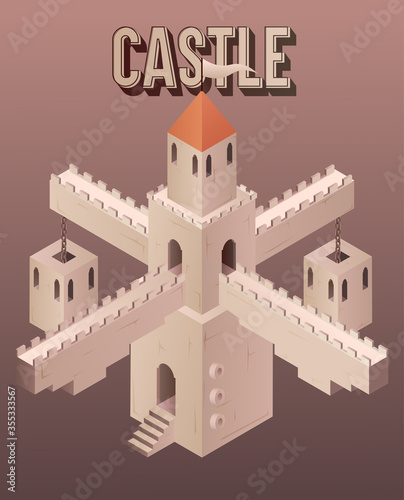 Isometric colored middle ages european royal castle composition with welcome to medieval castle description vector illustration. fortress during the war or battle. 3d design construction