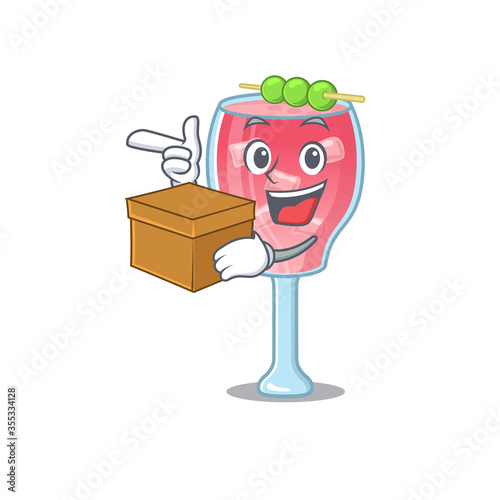 A cheerful cosmopolitan cocktail cartoon design concept having a box
