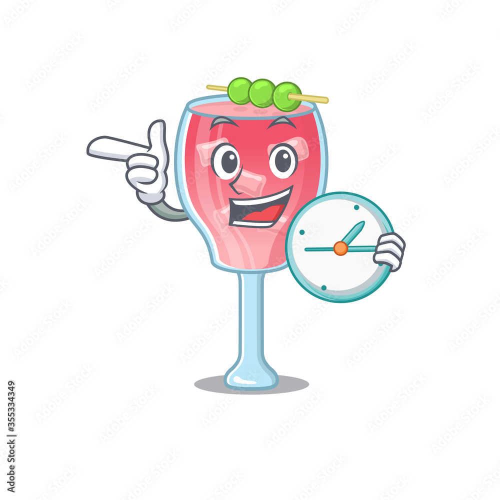 mascot design style of cosmopolitan cocktail standing with holding a clock mascot design style of cosmopolitan cocktail standing with holding a clock