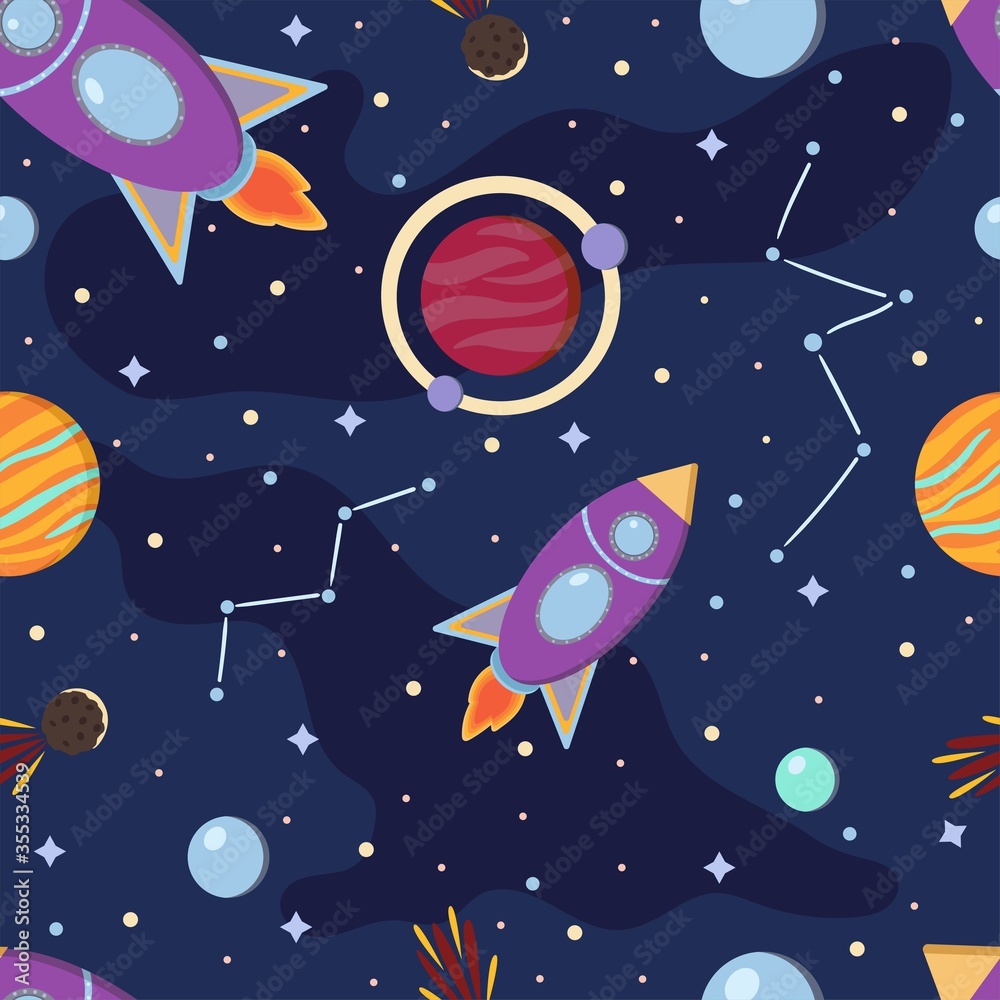 Space seamless pattern with rockets, planets, constellation and stars. Cosmos and astronomy concept. Cosmic design for textile, fabric, wallpaper. Space seamless pattern with rockets, planets, constellation and stars. Cosmos and astronomy concept. Cosmic design for textile, fabric, wallpaper.