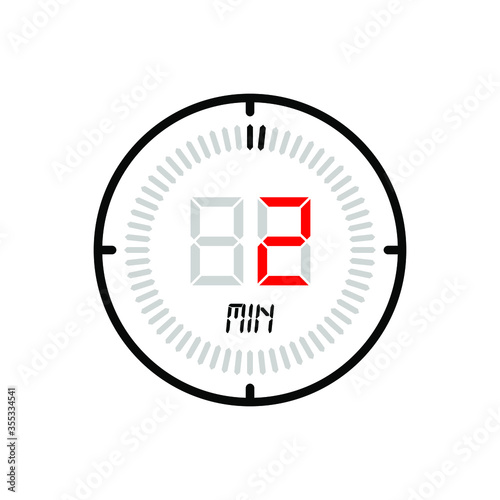 The 2 minute icon isolated on white background. stopwatch vector icon, digital timer. clock and watch, timer, countdown symbol. Vector illustration for logo, web, app, UI.