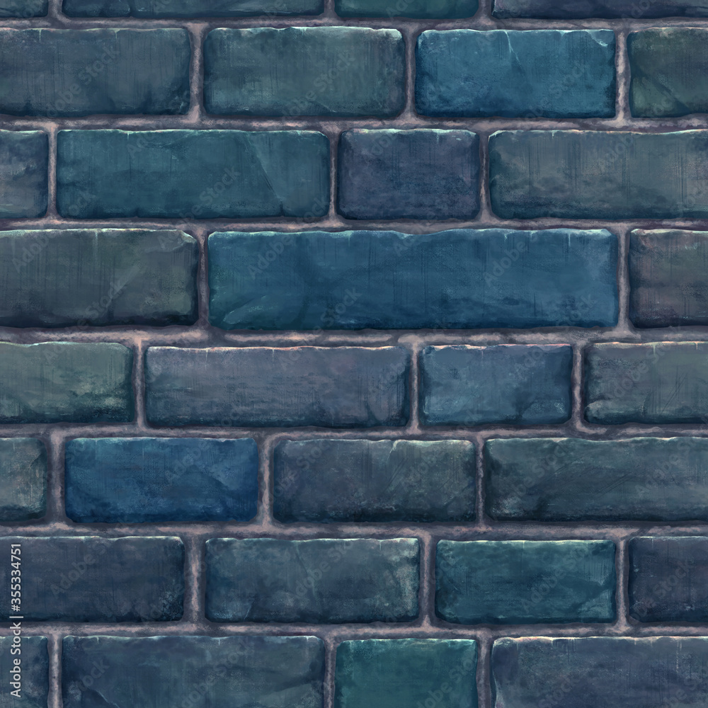 Obraz premium 繋ぎ目の無い青色のビンテージでアンティークなレンガ（煉瓦）のシームレスパターンタイリングイラスト