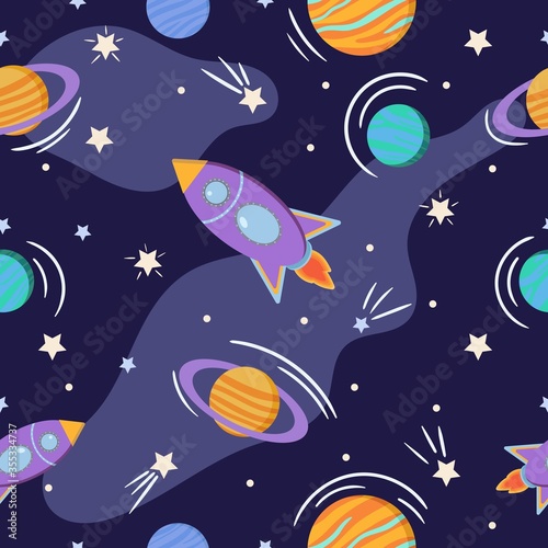 Colorful cosmos or space seamless pattern. Cosmic background with stars, planets and rockets. Design for textile, nursery, fabric.