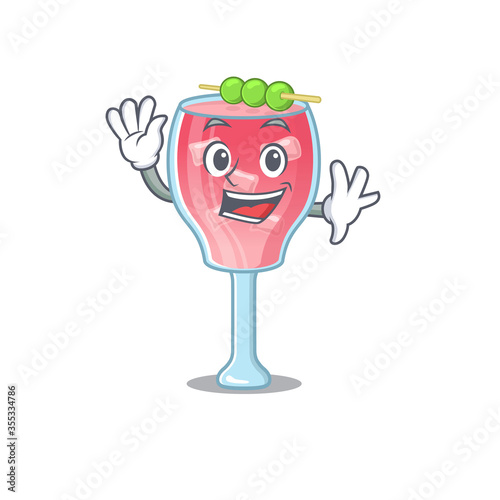 A charming cosmopolitan cocktail mascot design style smiling and waving hand