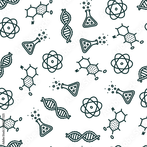 Seamless pattern with scientific objects. Hand drawn DNA molecule, atom and other objects associated with science. Vector illustration in doodle style