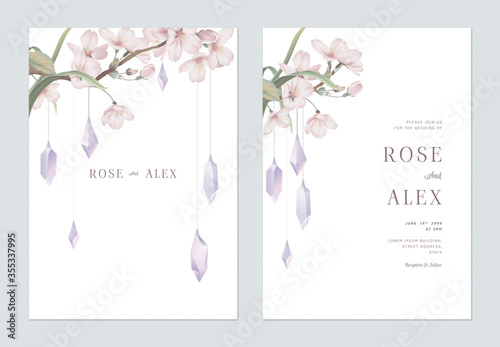 Floral wedding invitation card template design, Somei Yoshino sakura flowers decorated with purple crystals
