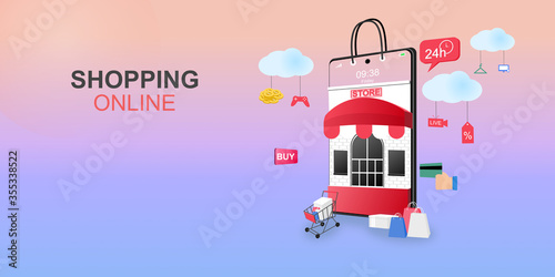 Shopping online concept for flat design, online trading for web page, website, template and background, vector illustration about shopping online