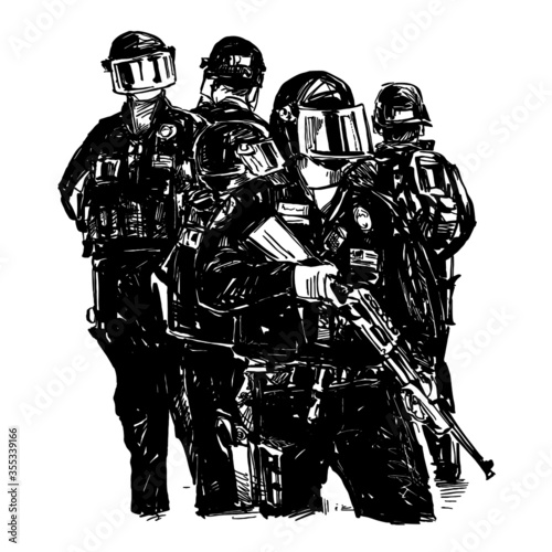 Drawing of the police are standing to protecting from protesters in America 