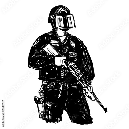 Drawing of the police stand alone for protecting from protesters 