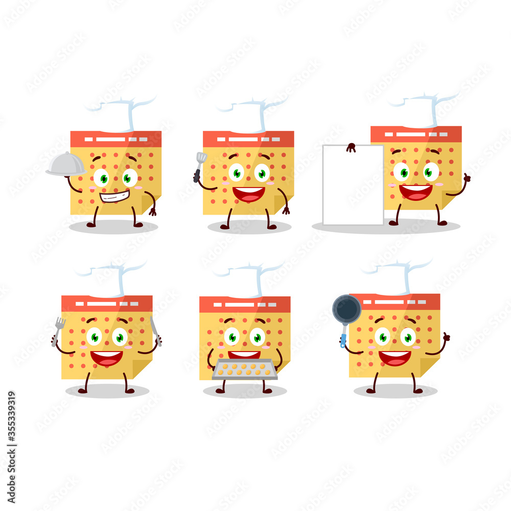 Cartoon character of Calendar with various chef emoticons Cartoon character of Calendar with various chef emoticons