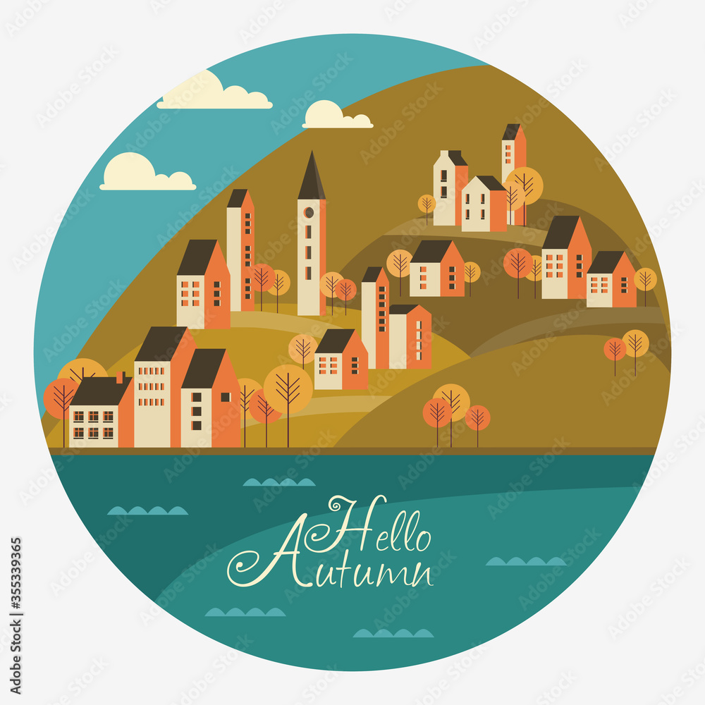 Autumn landscape with town and hills. Travel, vacation, holidays and adventure vector concept illustration