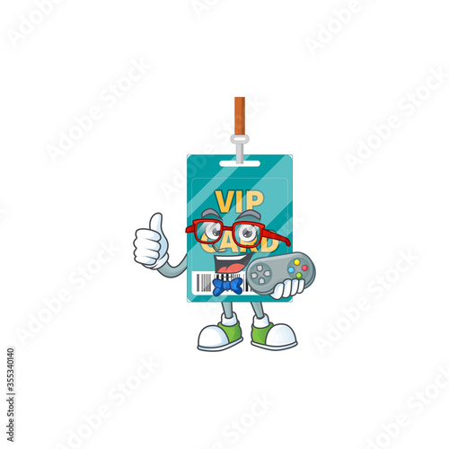 Cartoon mascot design of VIP pass card play a game with controller