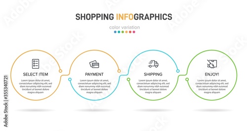 Concept of shopping process with 4 successive steps. Four colorful graphic elements. Timeline design for brochure, presentation, web site. Infographic design layout.