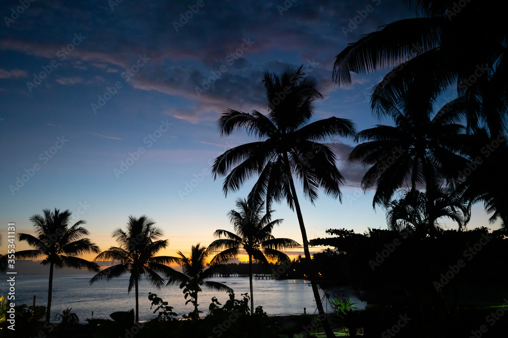 Sunset in Samoa with palm tree silhouettes lit up by the sky