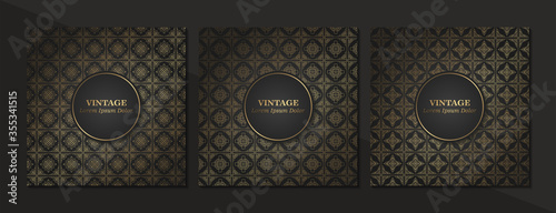 Set of Vintage seamless damask pattern and elegant floral elements in dark black and gold.