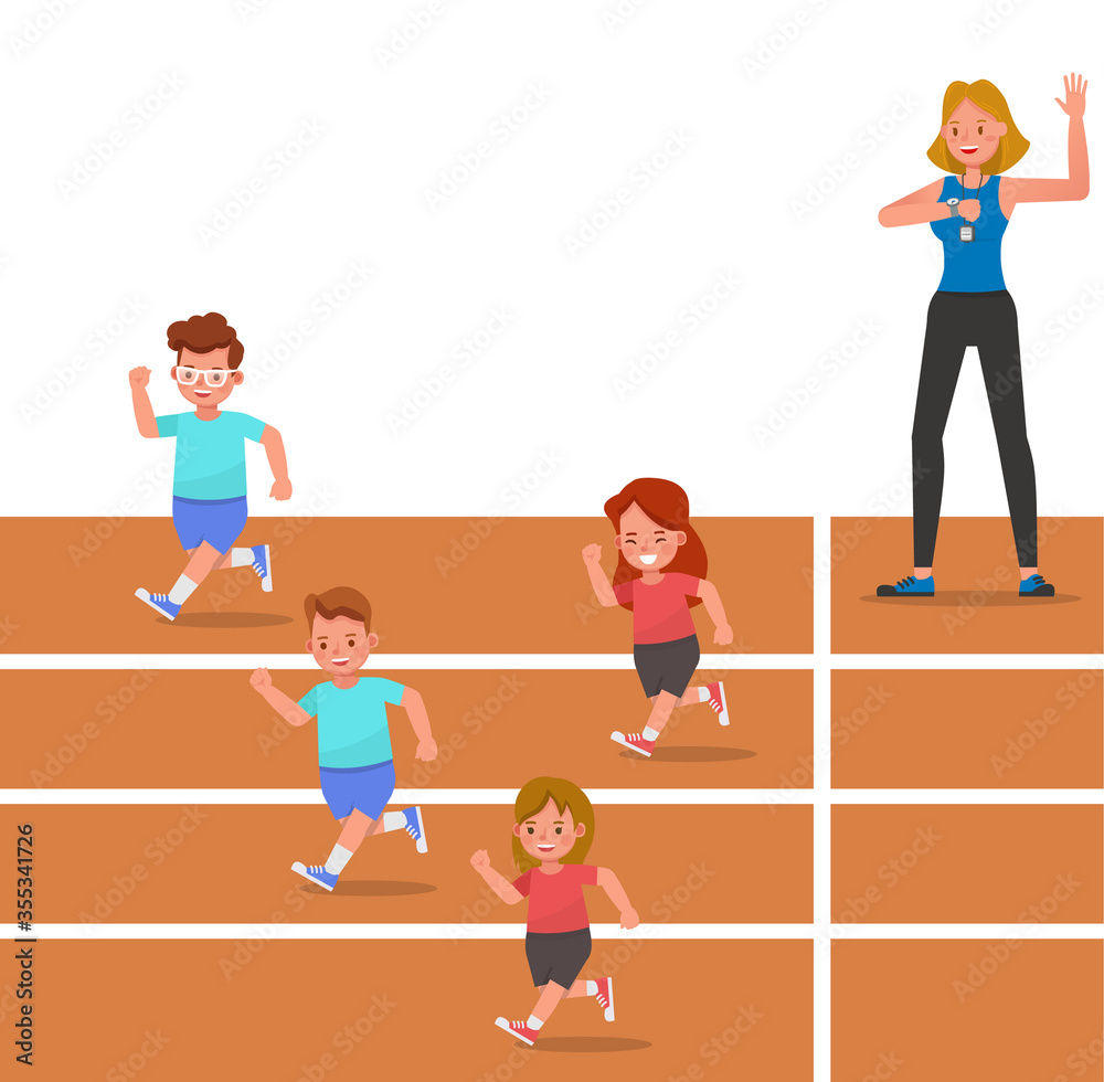 Group of children running on the track of stadium character vector design Group of children running on the track of stadium character vector design