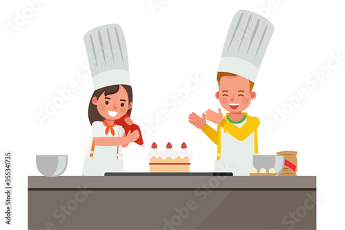 Happy children making a cake character vector design.