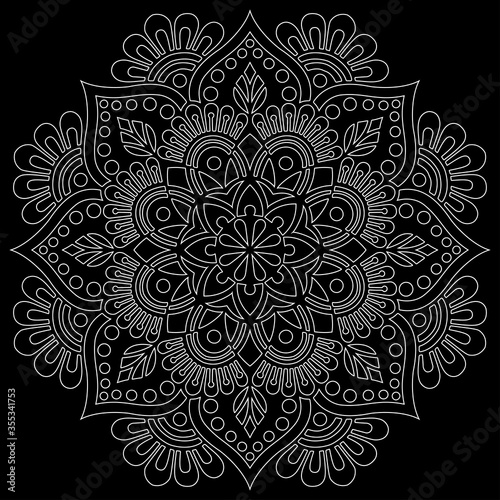 White outline mandala on a black doodles sketch