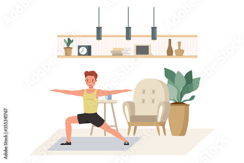 Man exercising at home character vector design. Healthy lifestyle and wellness concept.