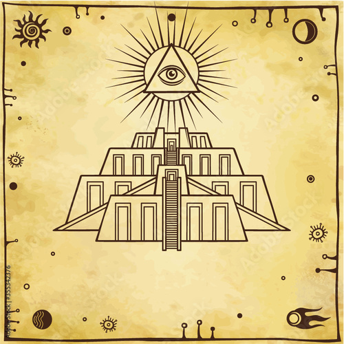 Cartoon drawing: ancient Zikkurat. Architecture of Babylon, Assyria, Mesopotamia. All-seeing divine eye. Space symbols. Background -imitation of old paper. Vector illustration.