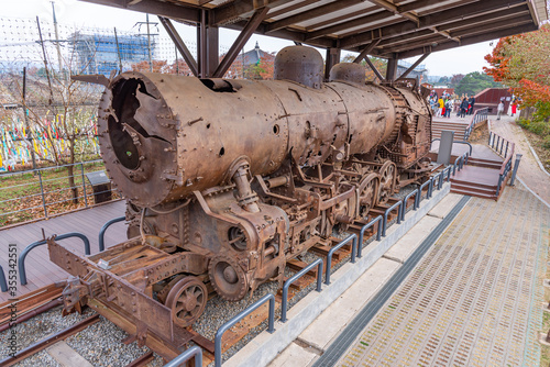 View of a destroyed locomotive at Imjingak, Republic of Korea photo