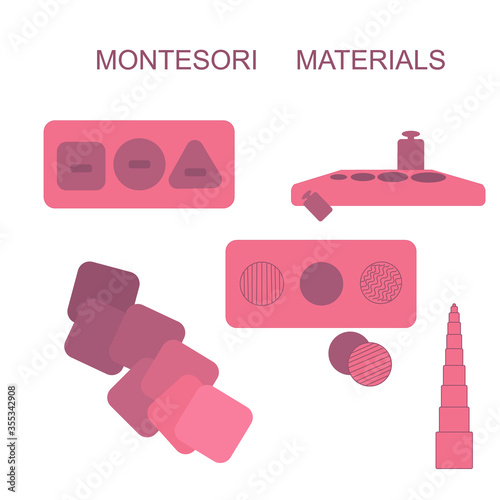 Montessori sensory materials, earlier child development, pink color scheme, isolated objects