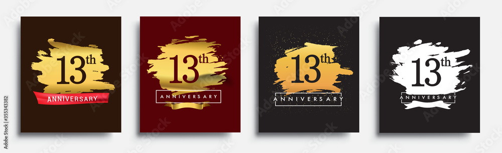 Set of Anniversary logo, 13th anniversary template design on golden brush background, vector design for greeting card and invitation card, Birthday celebration