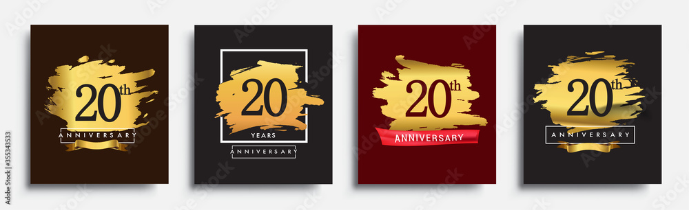 Set of Anniversary logo, 20th anniversary template design on golden brush background, vector design for greeting card and invitation card, Birthday celebration