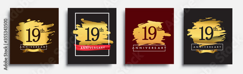 Set of Anniversary logo, 19th anniversary template design on golden brush background, vector design for greeting card and invitation card, Birthday celebration