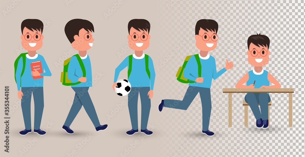 Happy student character with various views, face emotions, poses . Front, side, back view animated character. Boy Schoolboy Kid Vector. High School Child. Child Pupil. Subject, Clever, Studying.