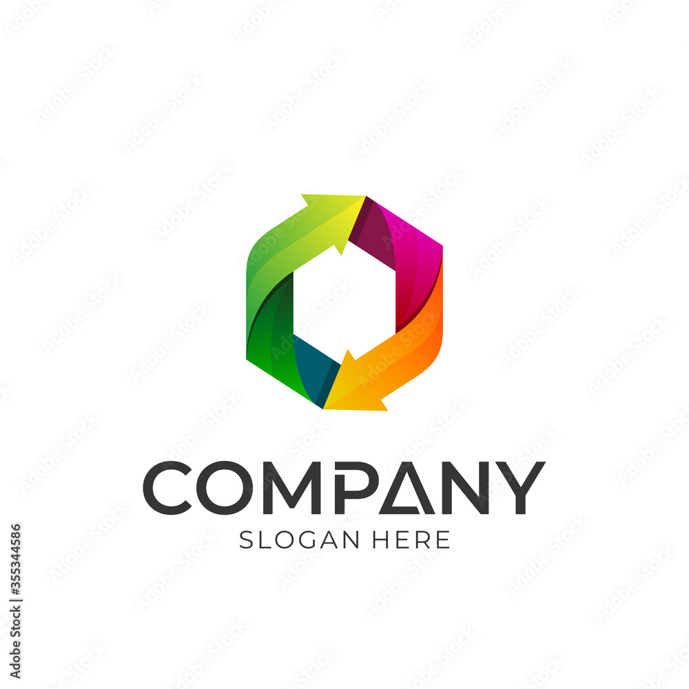 Logo concept of hexagon with two arrow. Simple colorful style. Logotype ready for use. Logo concept of hexagon with two arrow. Simple colorful style. Logotype ready for use.