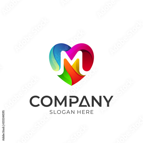 Logo concept of heart letter m. Simple colorful style. Logotype ready for use.