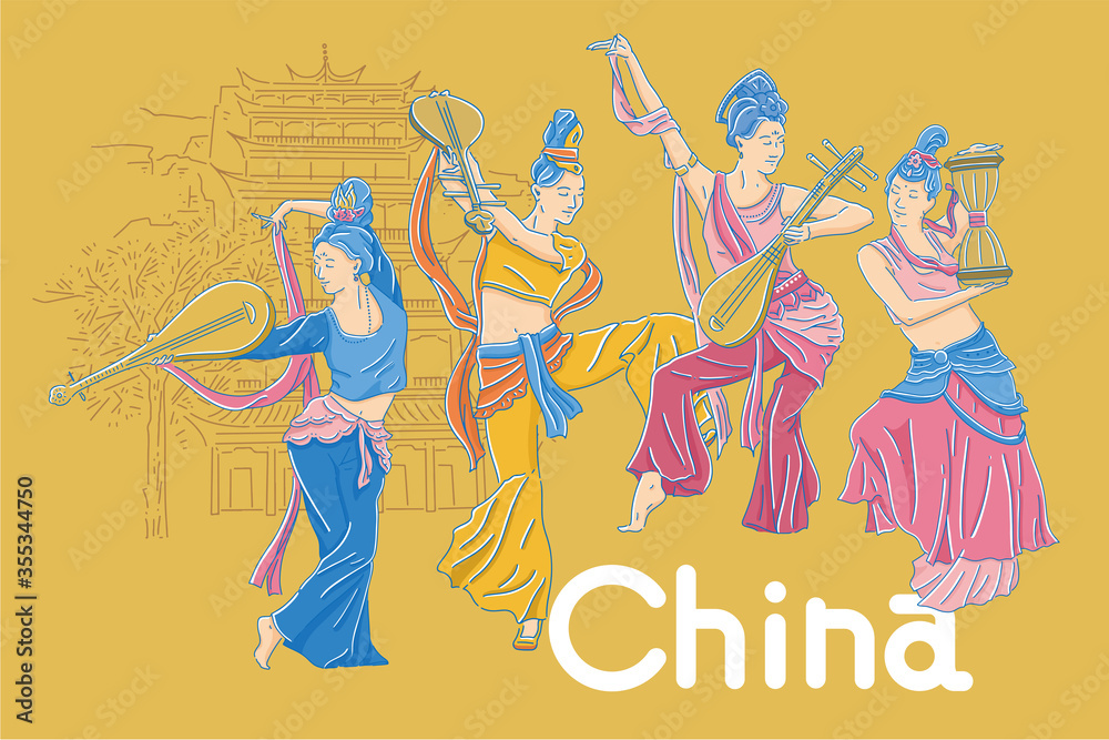 female dancing Chinese traditional dance, with buildings in the background, Vector illustration