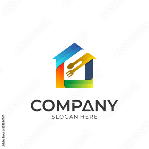 Logo concept of house with spoon and fork. Simple colorful style. Vector logo icon ready for use.
