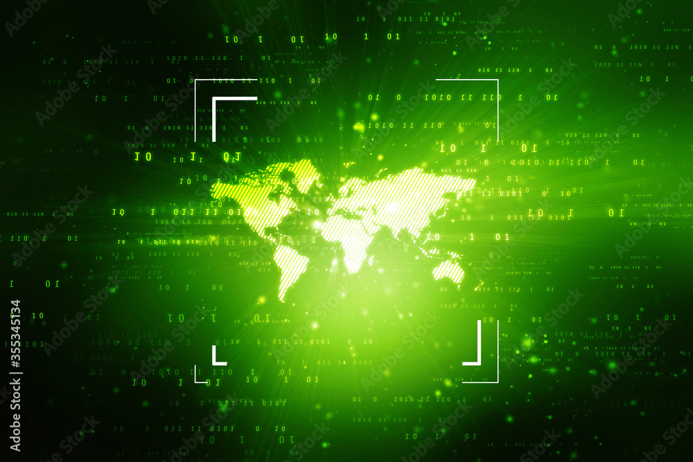 Fototapeta premium Abstract world map on binary code background. Glowing map of the earth. High tech. Sci-fi technology. Programming, big data. Global network. Binary codes emerging from the map. 