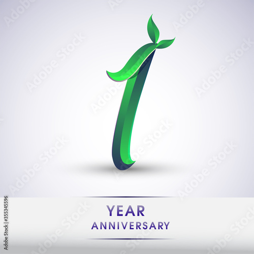 1st years anniversary celebration logotype with leaf and green colored. Vector design for greeting card and invitation card on white background.