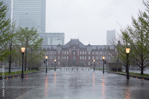 Scenery of nostalgic building of Tokyo station and tall office buildings