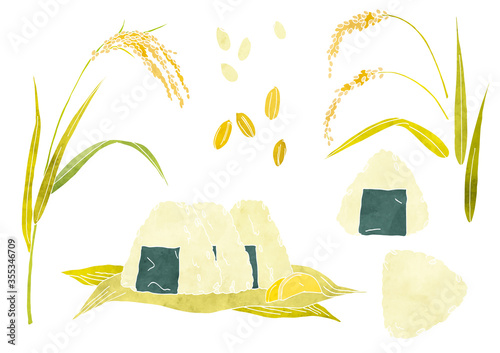 お米とおにぎりのベクターイラスト（水彩）