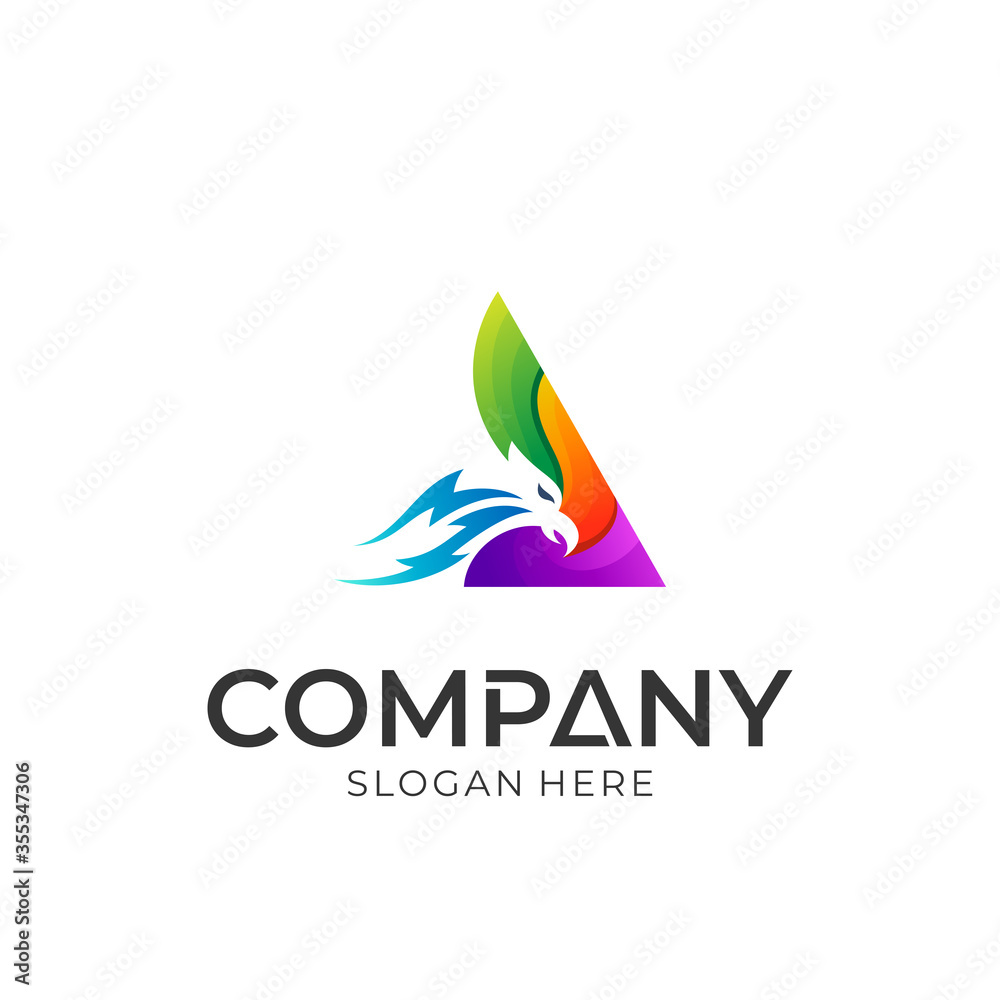 Eagle logo in triangle shape. Colorful logo style. Eagle logo in triangle shape. Colorful logo style.