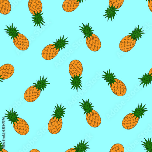 Seamless pattern with pineapples on a blue background. Vector illustration.