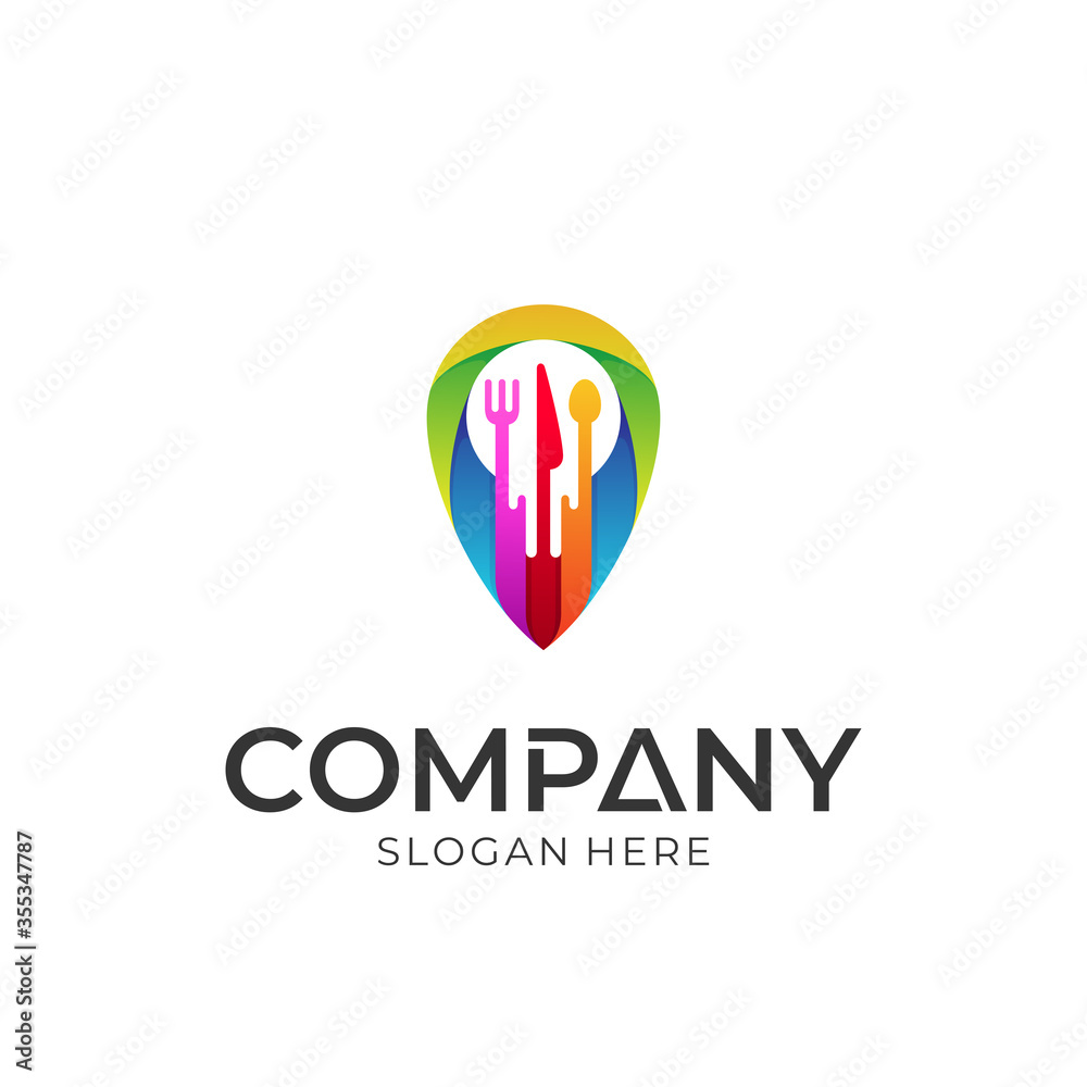 Logo vector of pin point and cutlery. Simple and colorful logo style for food place information, restaurant business, food mobile app, etc.