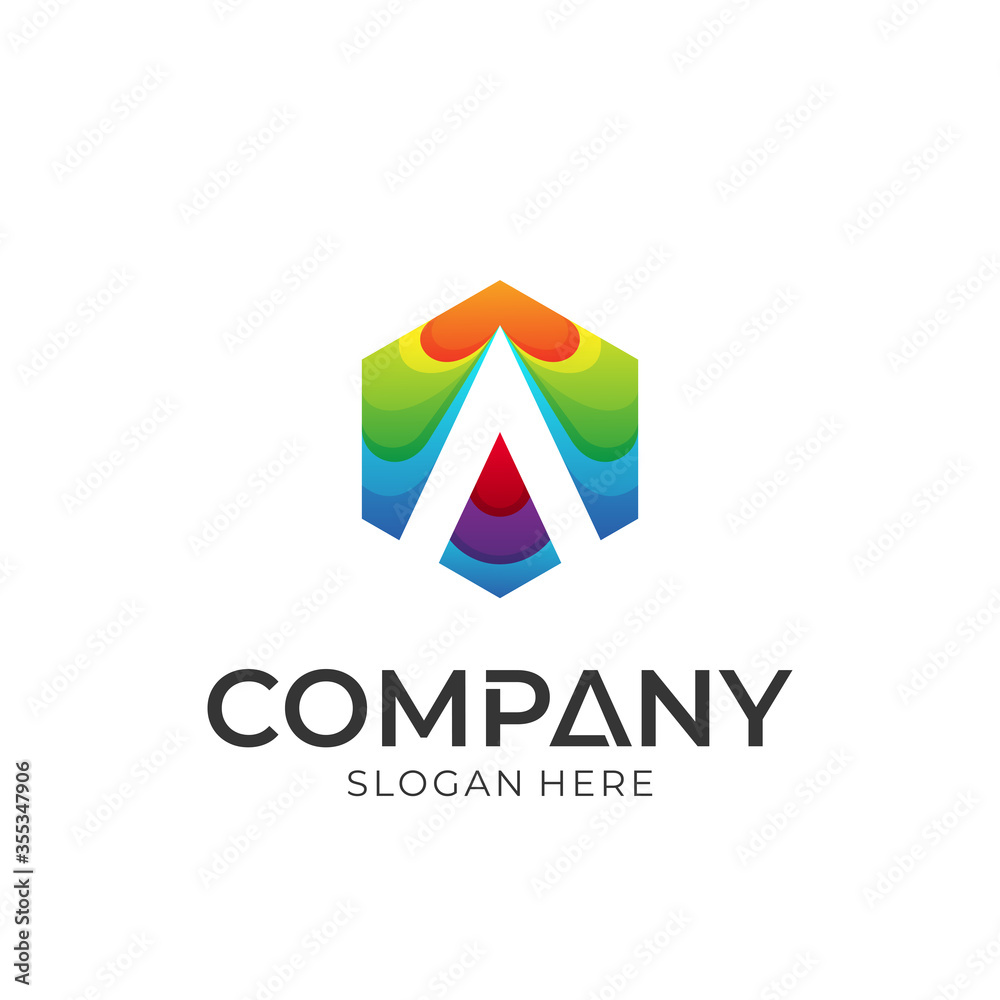 Logo vector of letter A in hexagon shape. Colorful emblem logo style.