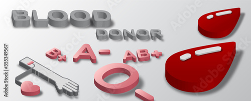 Blood donation icon with blood type and blood donor lettering in isometric 3d style on white gradient background.