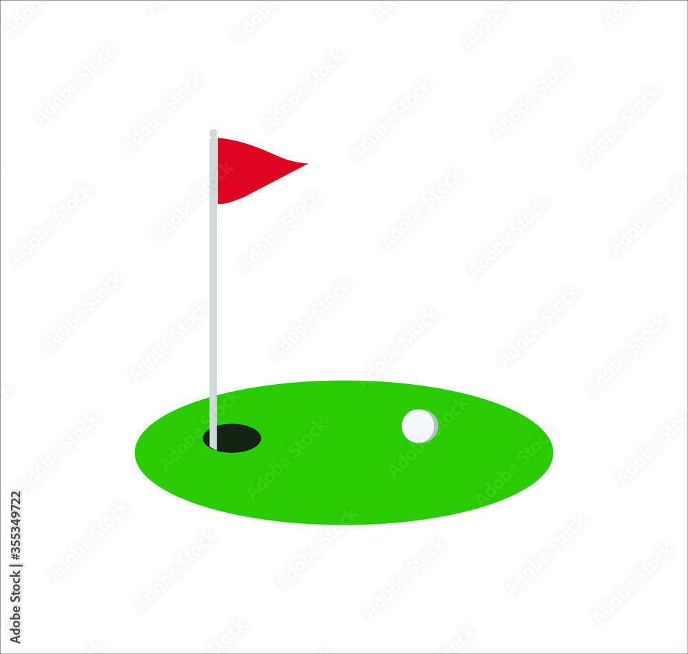 Fototapeta premium Golf red flag on green grass and hole. Isolated on white background. Flat vector