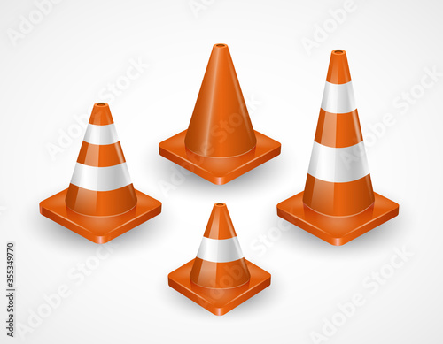 Traffic cones collection. Isometric set of icons for web design isolated on white background. Realistic vector illustration.