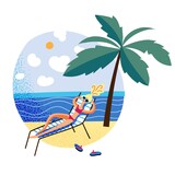 Woman in swimsuit lying in sun lounger under palm tree